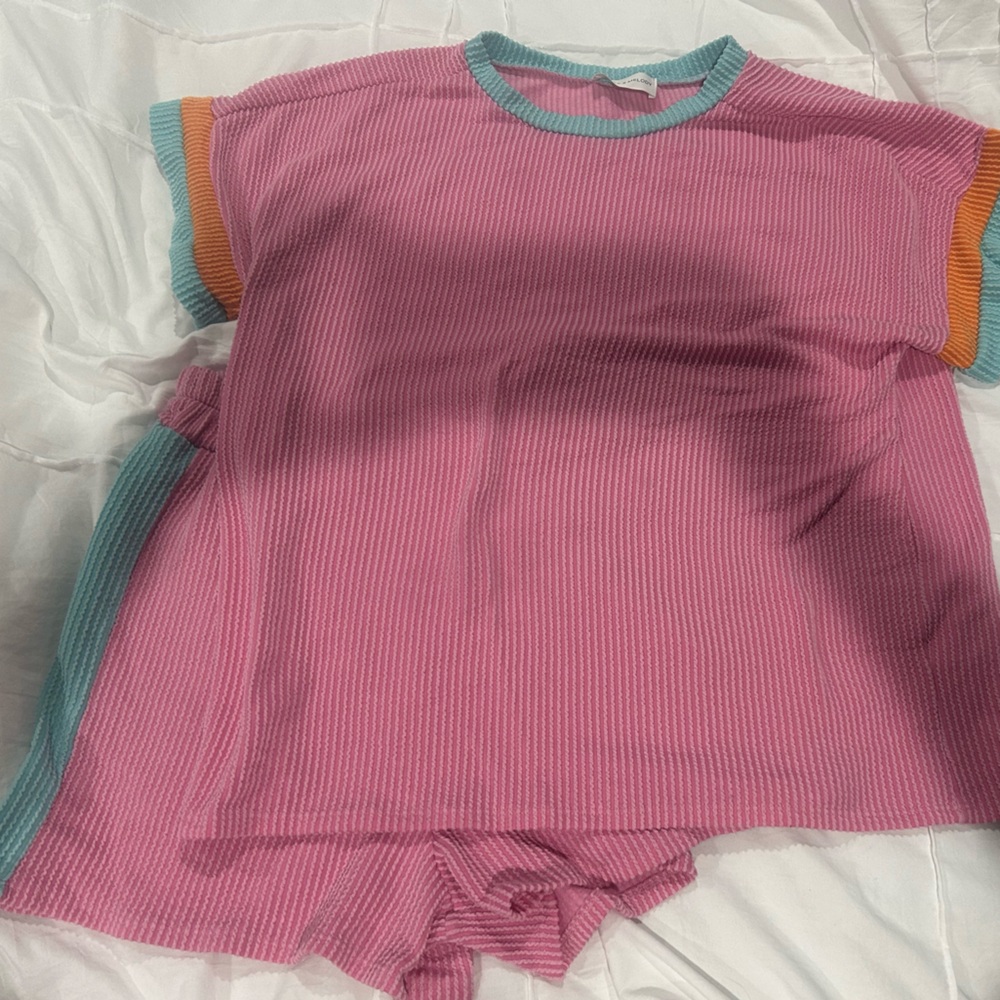 Women’s Lovely Melody Pink and Teal Striped Short Set size Large